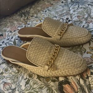 Tory Burch Tan Woven Mules with Gold Chain